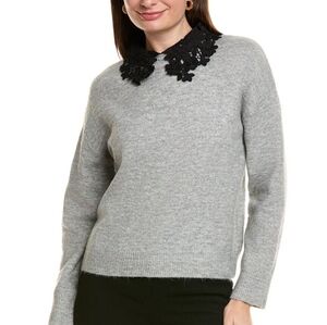 NWT Ellen Tracy Gray Sweater with Black Lace Collar Size Medium